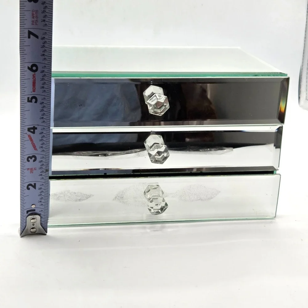 Mirrored Glass Jewelry Box 3 Drawer Black Velvet Lined 9x6x5.5